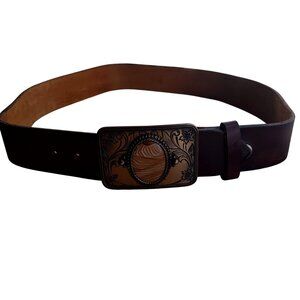 Vintage Farmer Belt 34 Medium Western Leather Ornate Buckle Proud To Be Farming